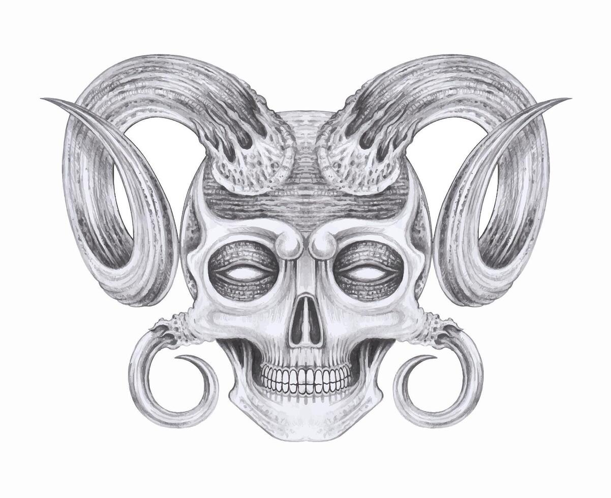 Demonic skull with ram horns. design by hand drawing and make graphic . vector