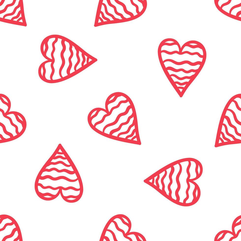 Seamless pattern with red wavy hearts on white background in flat doodle style vector