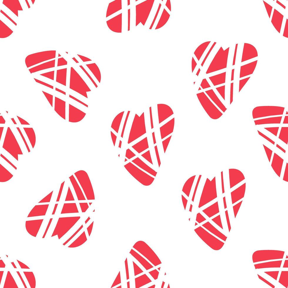 Seamless pattern with red hearts and abstract stripes in flat doodle style vector