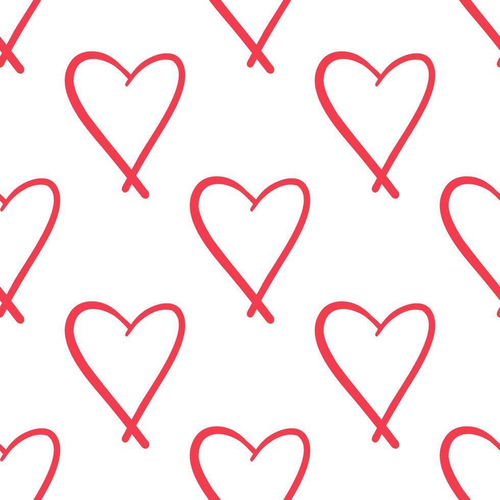 Red outlined hearts seamless design on white background in flat doodle style vector