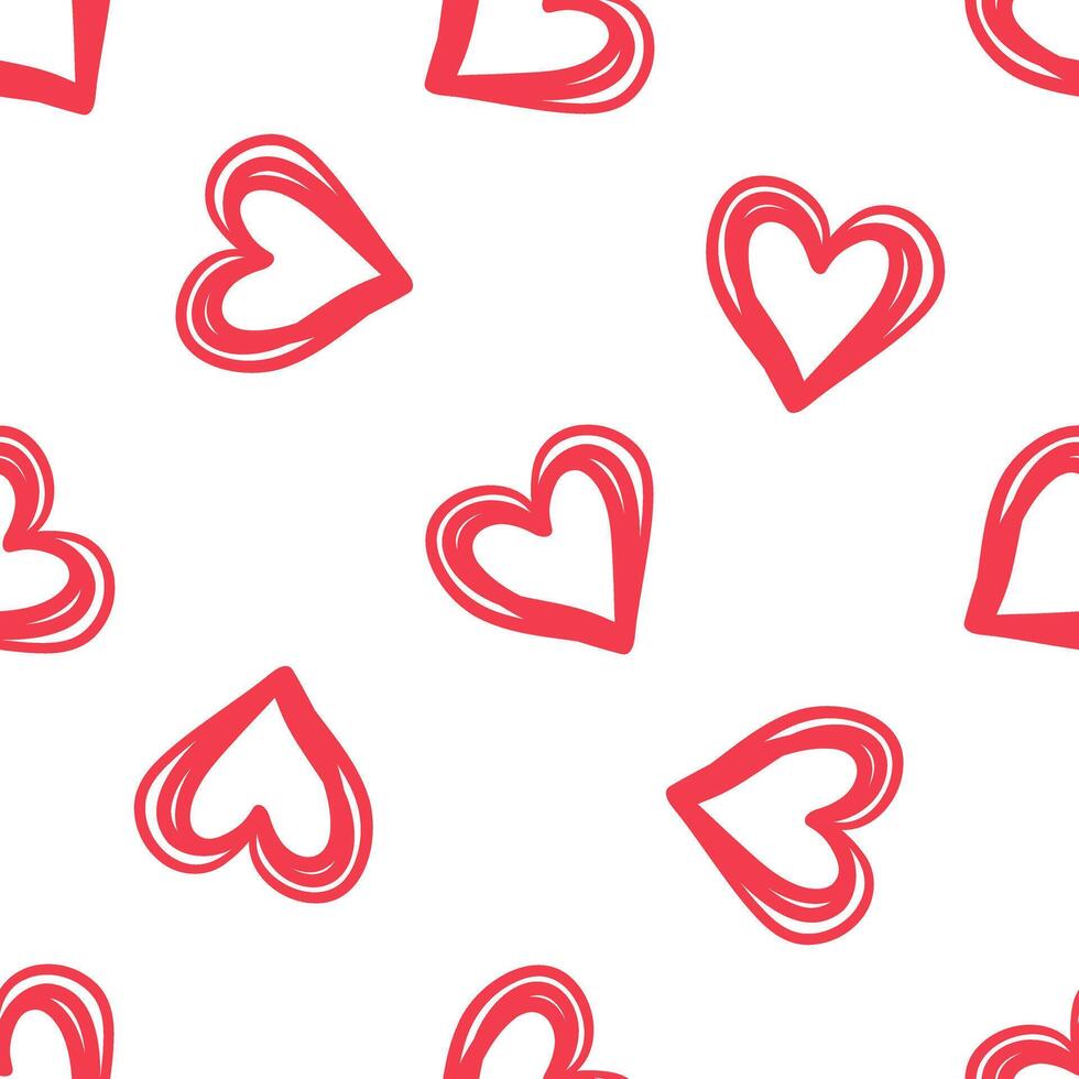 Red outlined hearts seamless pattern on white background in flat doodle style vector