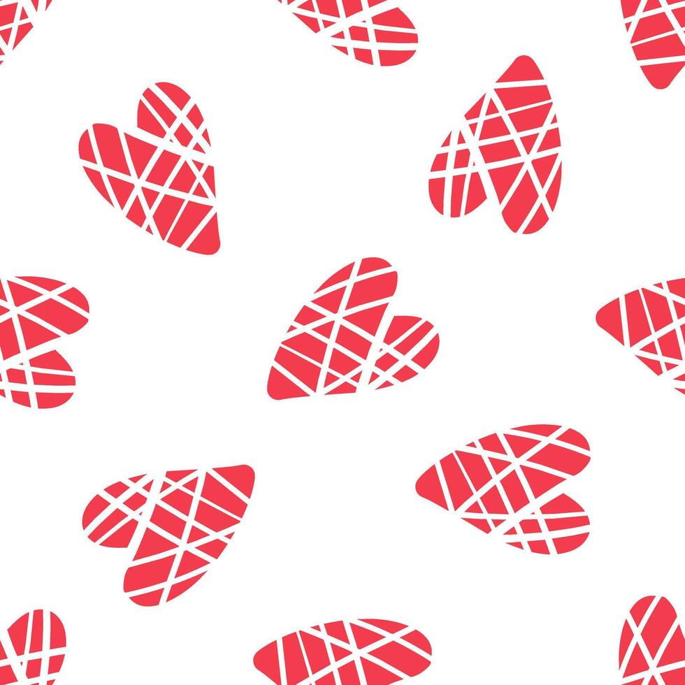 Seamless pattern with abstract red hearts and white lines in flat doodle style vector