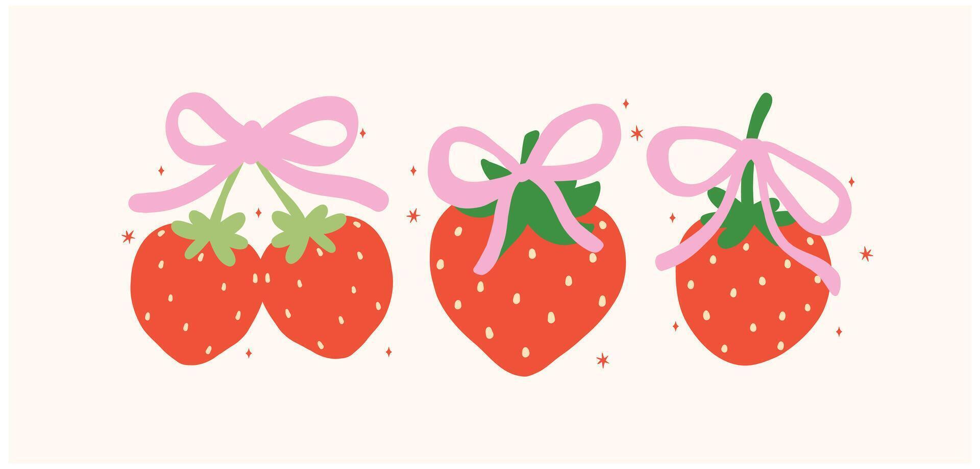 Group of Retro Coquette Strawberries with pink Ribbon bow Berryy love Banner Vintage Aesthetic vector