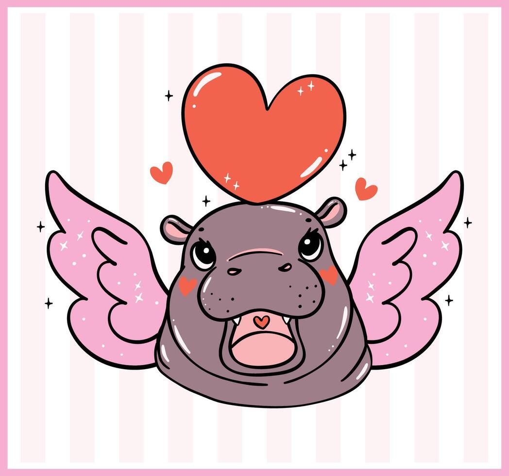 Happy Valentine Cupid Baby Pygmy Hippo with red Heart Hand Drawn Cartoon Character vector