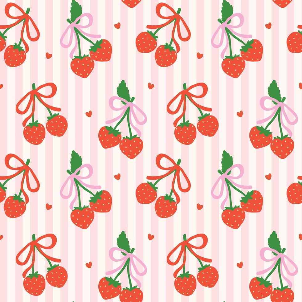 Preppy Coquette Valentine Heart Strawberry Bow Seamless Pattern isolated on stripe background vector