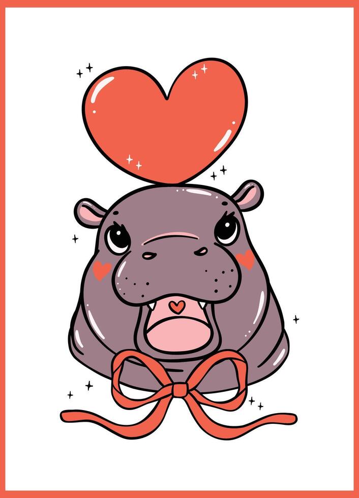 Retro Valentine Baby Pygmy Hippo Retro with red bow Hand Drawn Cartoon Character vector