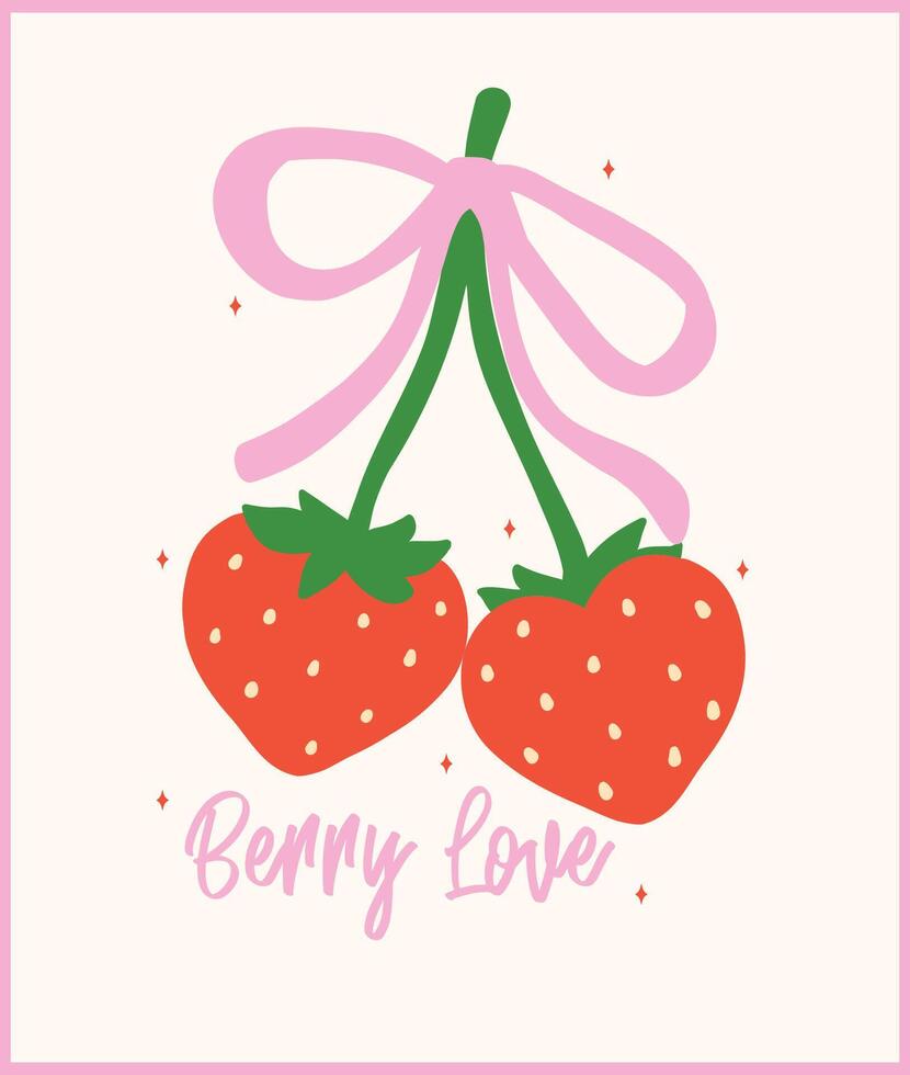 Red Retro Coquette Strawberries Heart Shape with Pink ribbon bow Berryy love Minimal Flat Design Vintage Aesthetic vector