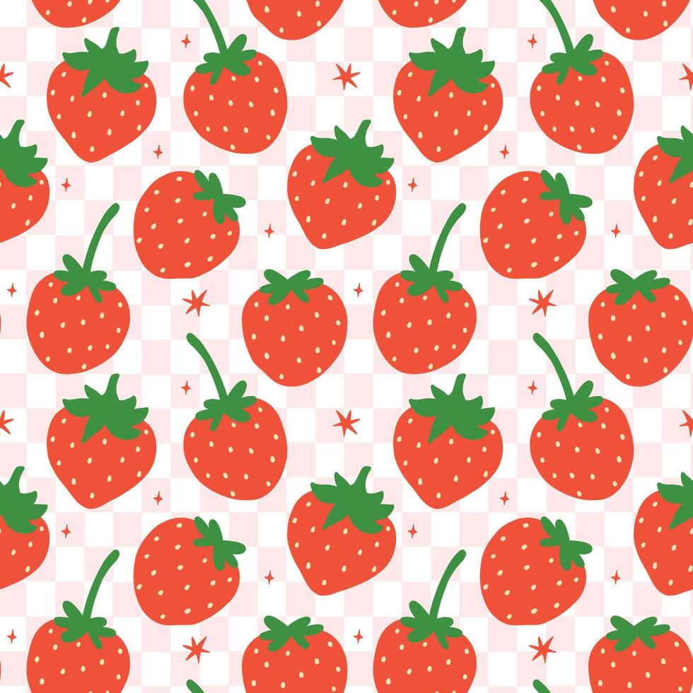 Reto Coquette Valentine Heart Strawberry Bow Seamless Pattern on checkered background vector