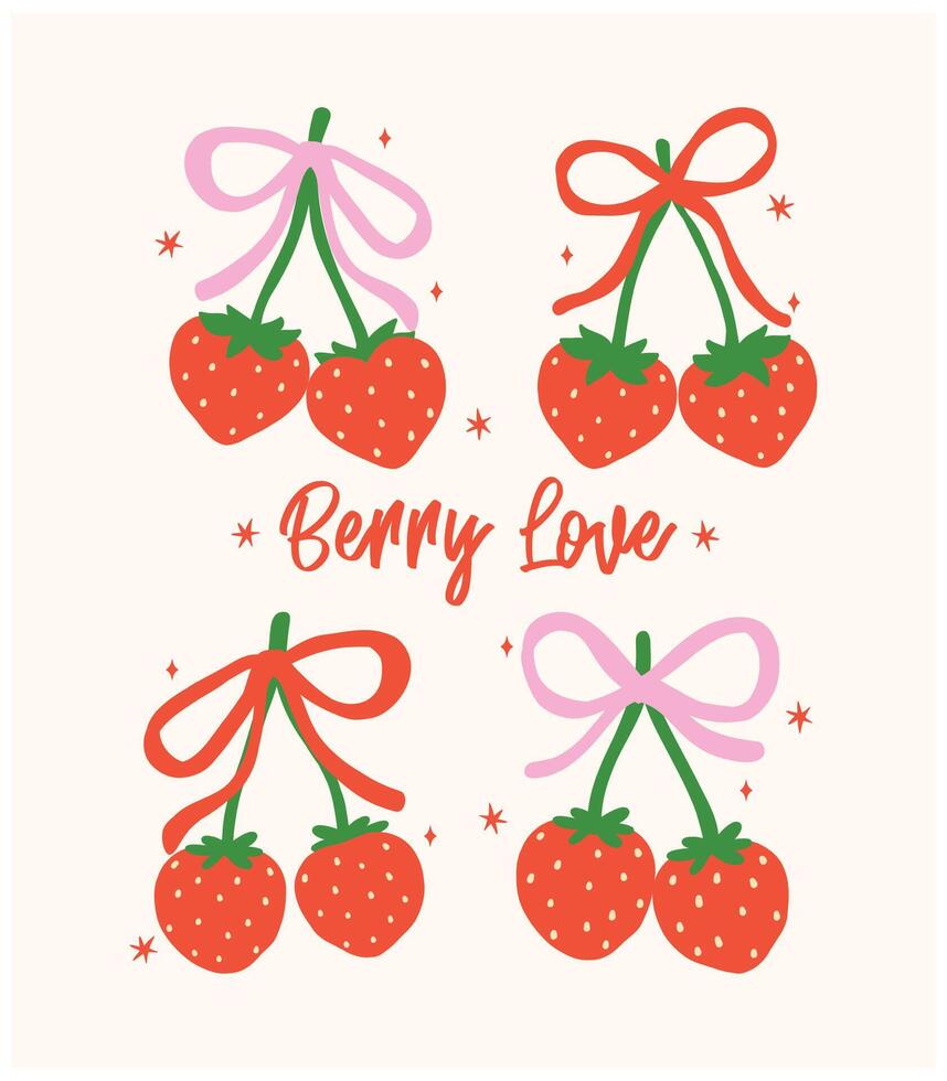 Group of Retro Coquette Strawberries Ribbon bow Berryy love Minimal Vintage Aesthetic vector