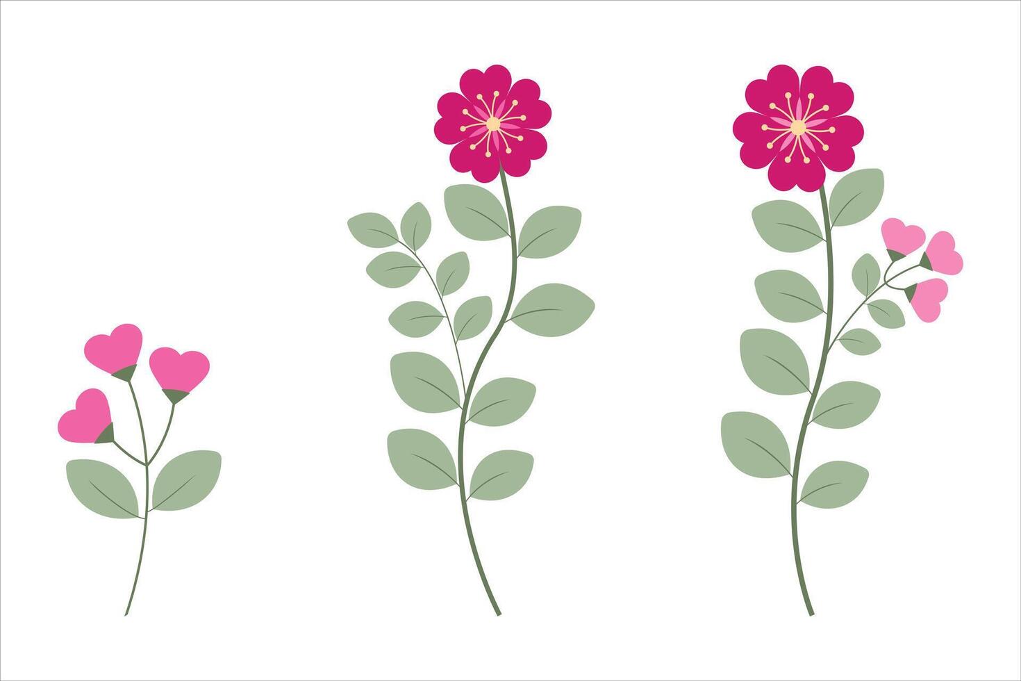 Collection Of Love Pink Fuchsia Flowers And Green Leaves vector