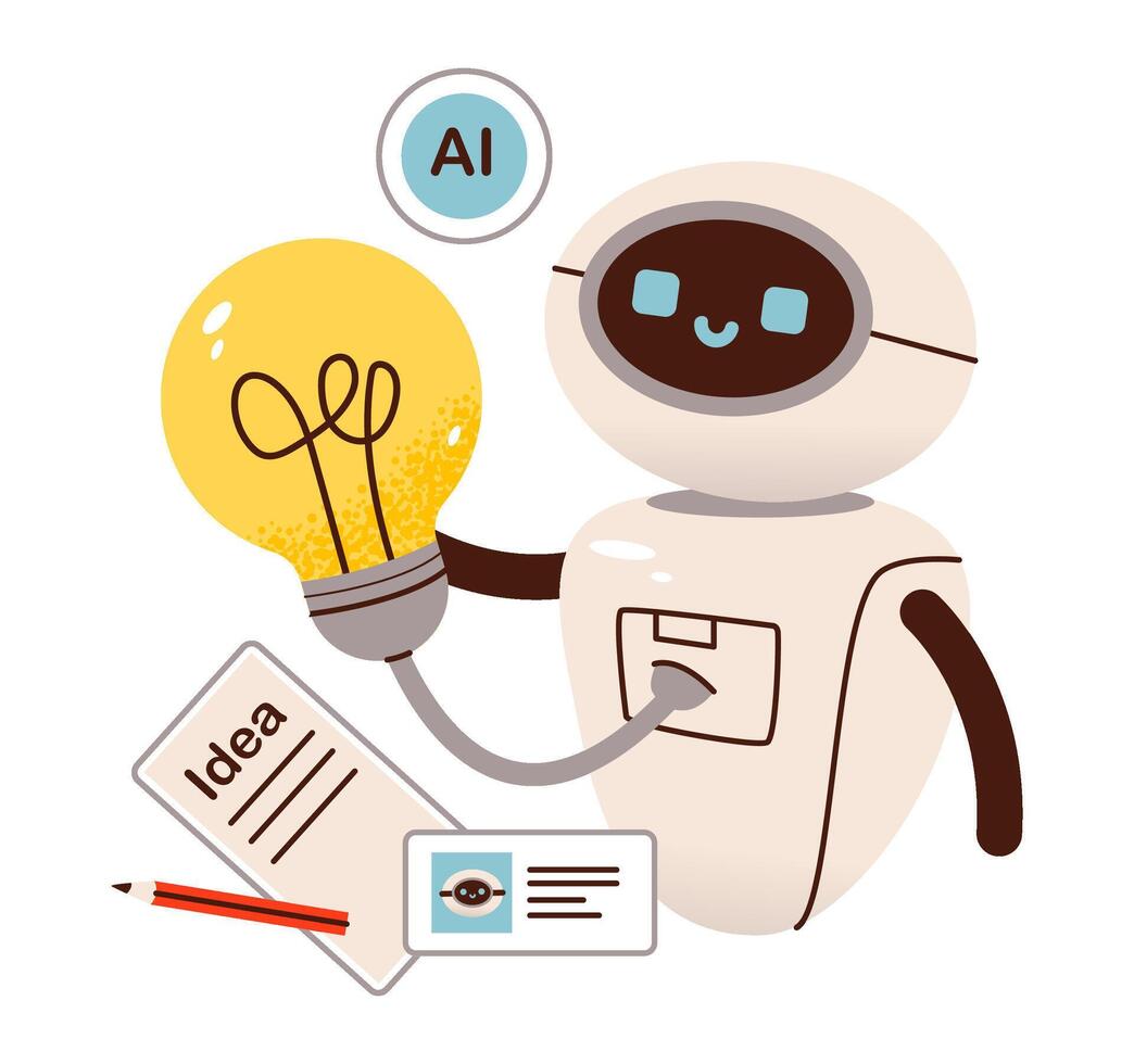 Robot generates ideas. AI robot and digital concepts. Flat illustration. vector