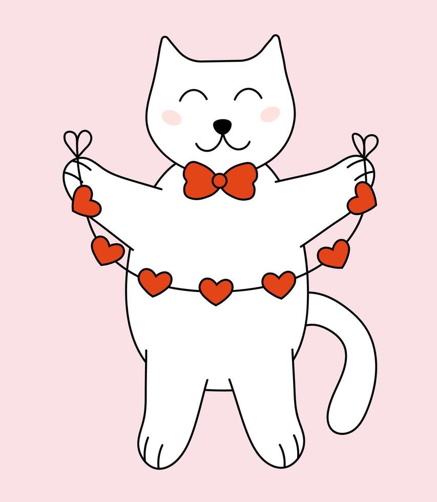 Valentine day Cat with garland. flat illustration. vector