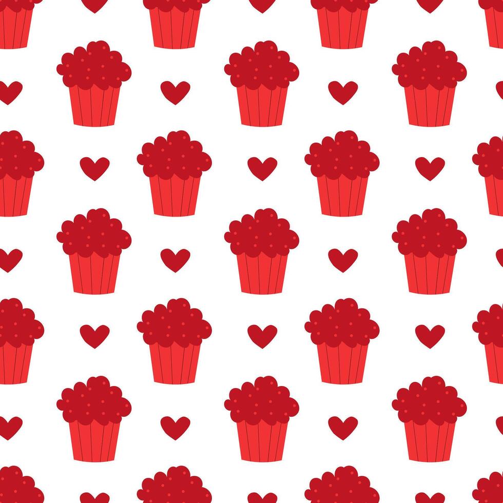 Seamless pattern with Red Valentine Day Cupcake and hearts. flat illustration. vector