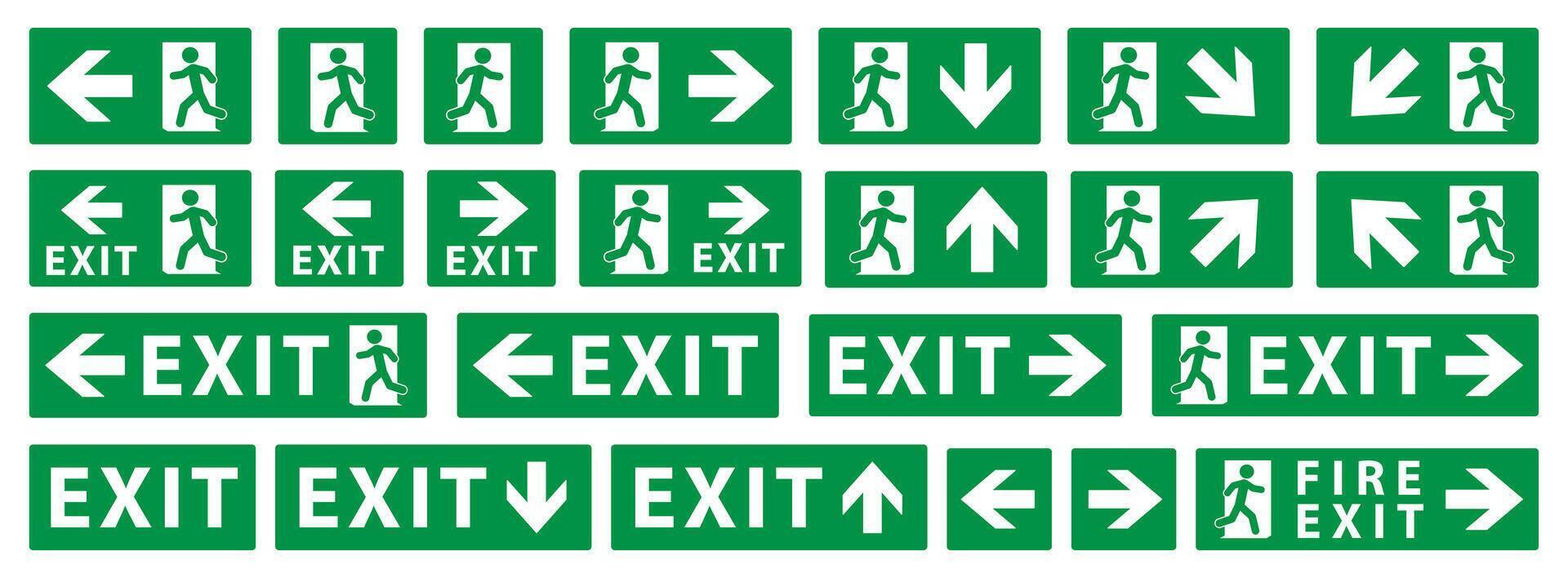 Emergency exit sign icon symbol set. Green Fire safety exit sign logo collection. Running man and exit door sign. illustration image. Isolated on white background. vector