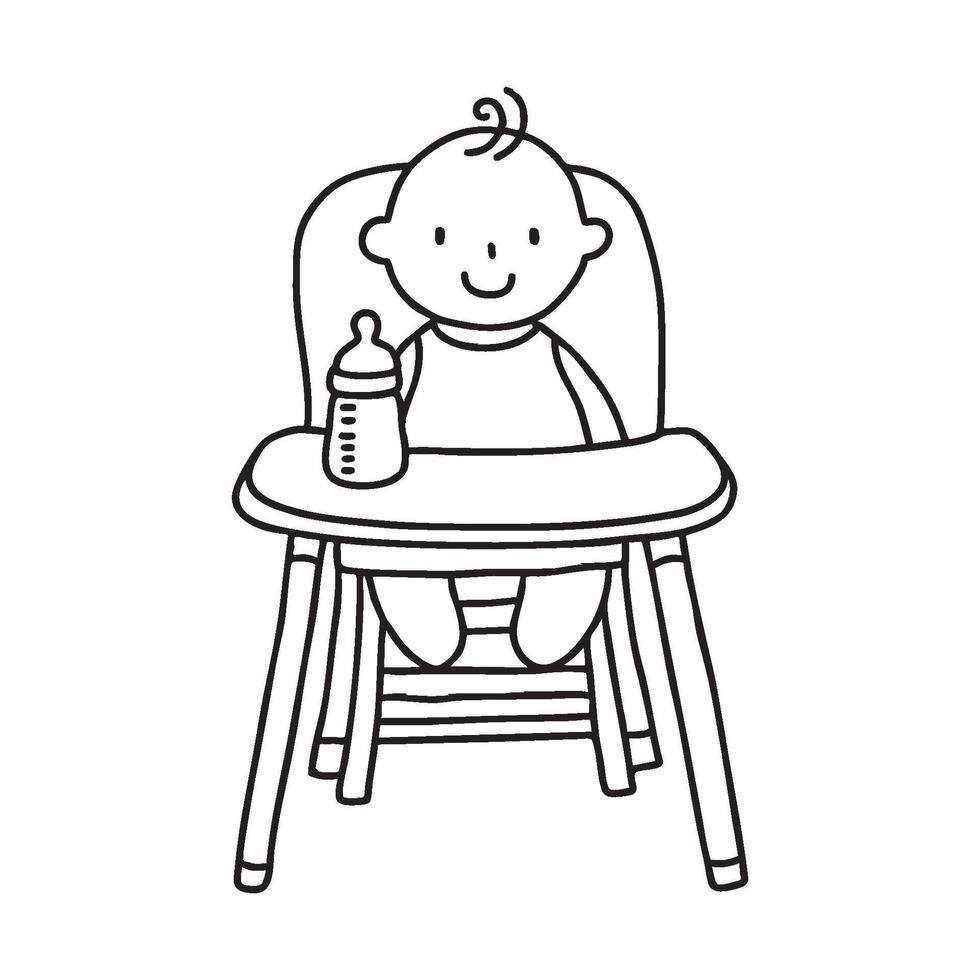 Baby in a highchair with a milk bottle on the tray vector