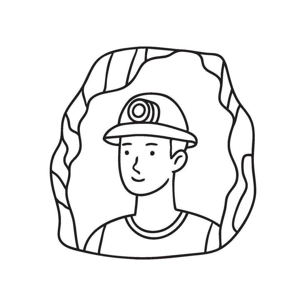 Man wear headlamp hat looking around inside rocky cave vector