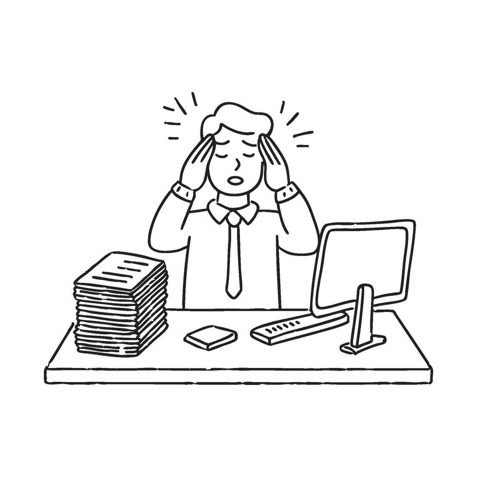 Person holding their head in pain with a pile of documents on their desk vector
