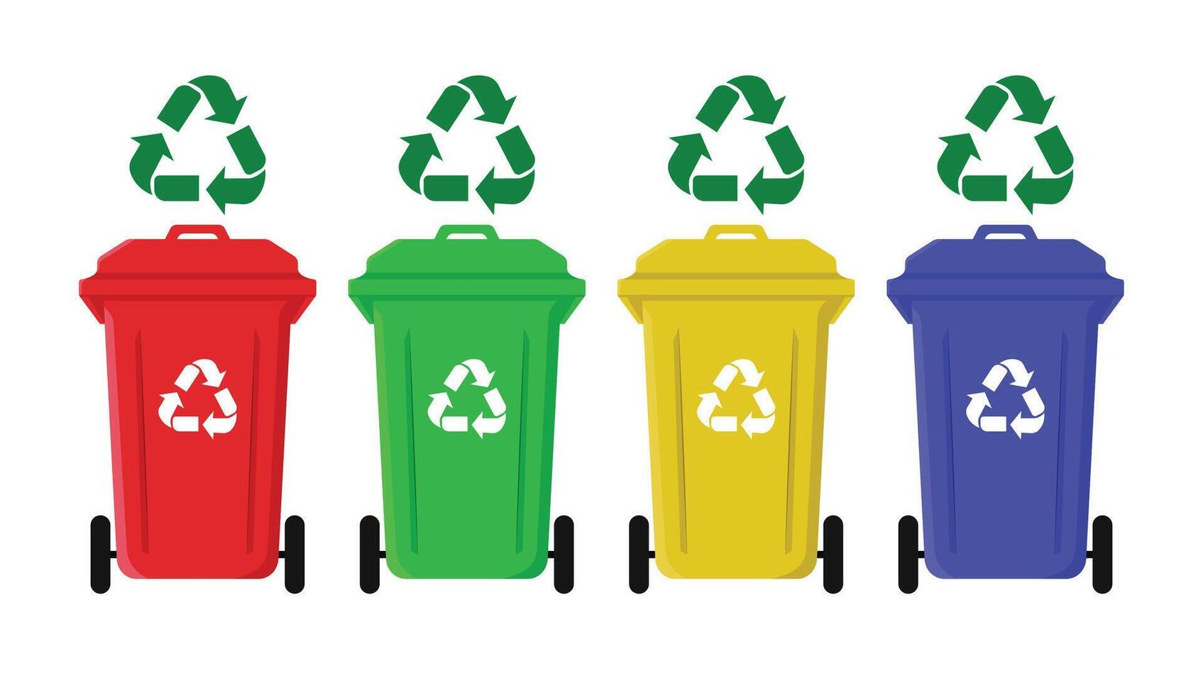 Four colorful trash cans with recycling symbols vector