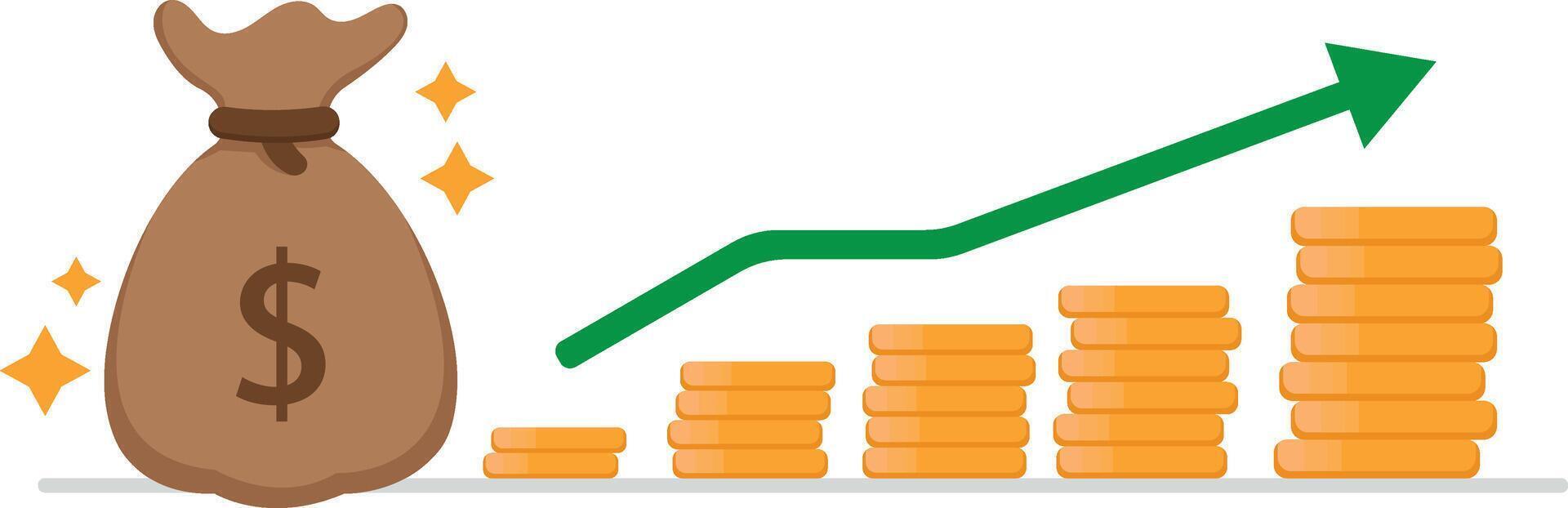 Financial growth illustration with money bag elements stack of gold coins and rising green arrow vector