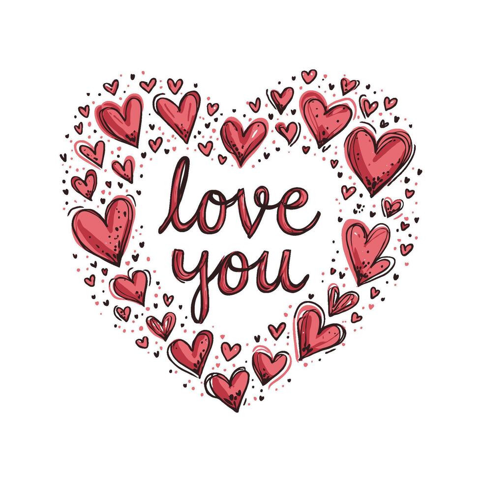 Heart-shaped arrangement of red hearts surrounding love you text in sketch style on a white background. Valentine's day illustration. vector