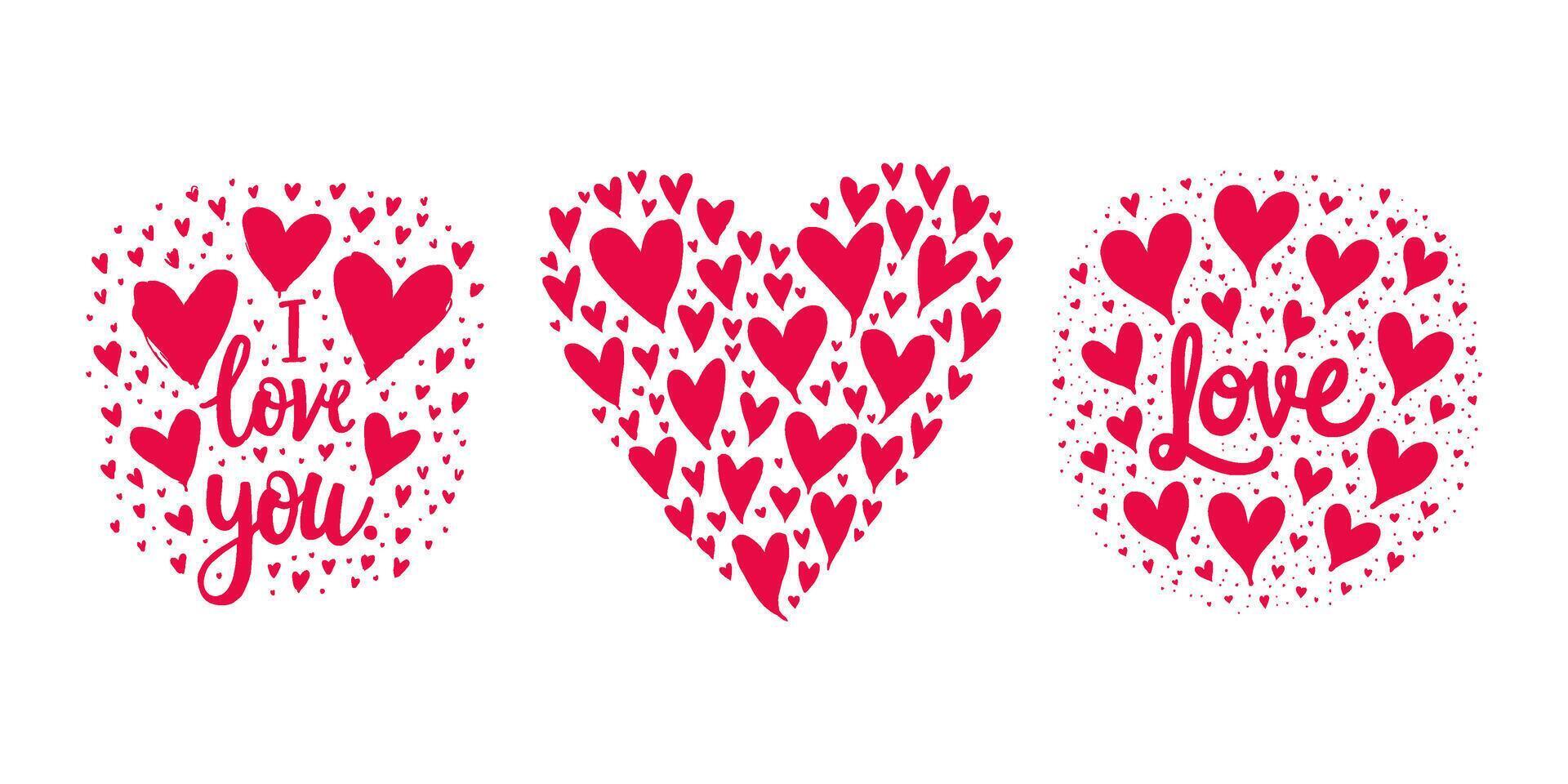 Three romantic heart designs with red hearts and love messages on a white background, perfect for expressing affection and love concepts. Valentine's day, wedding illustration. vector