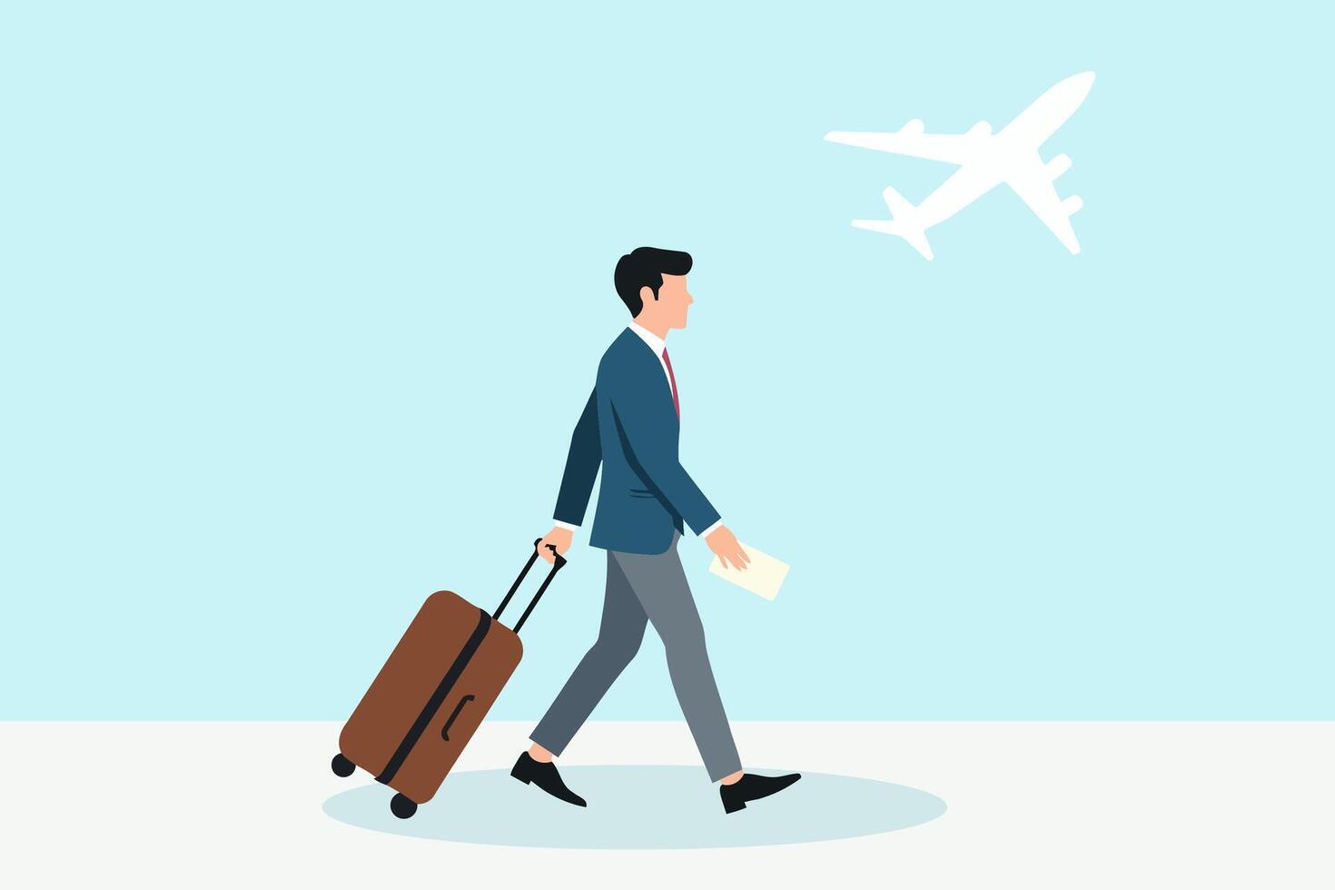Business traveler walking confidently with suitcase at an airport runway, representing global travel and professional ambition. vector