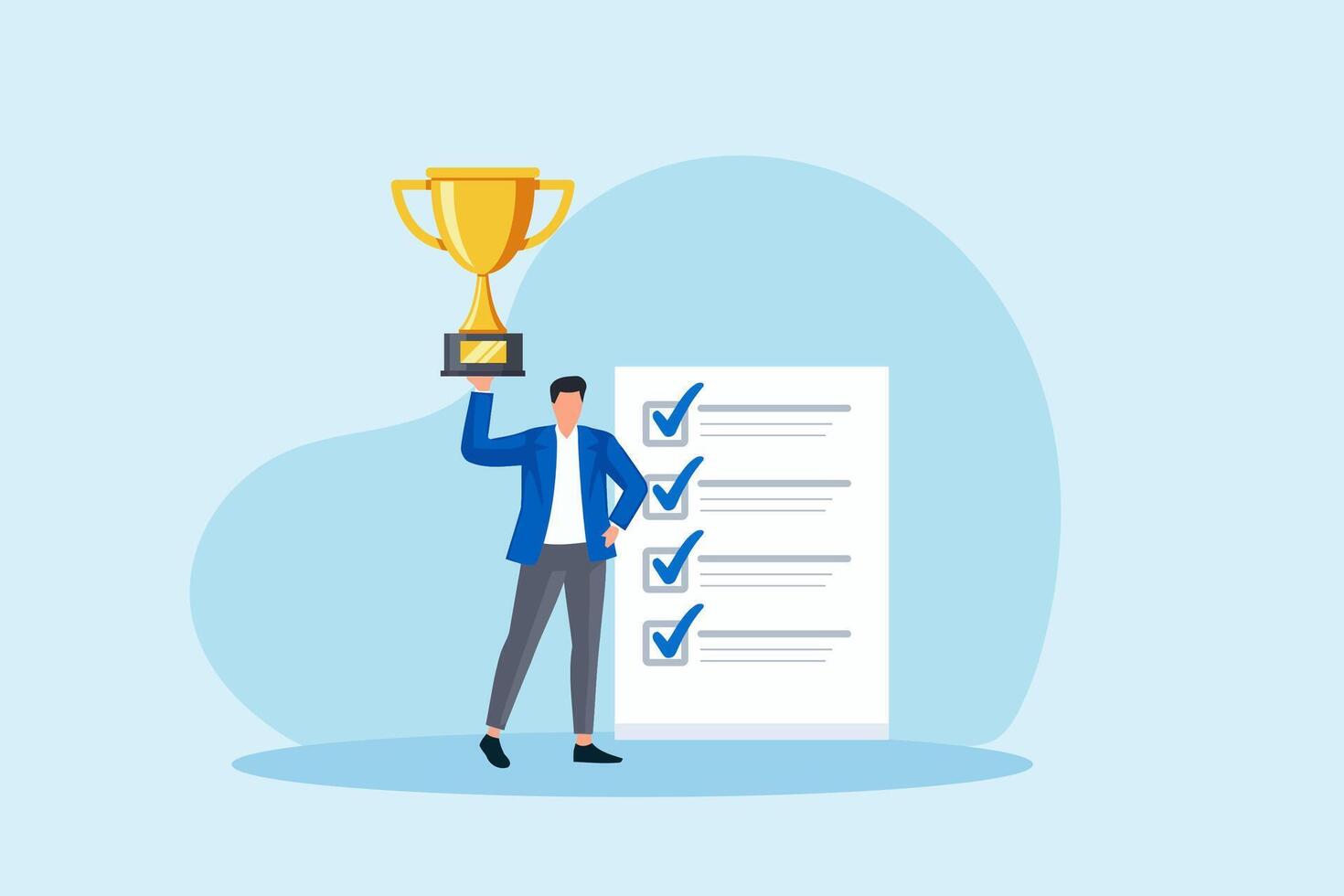 Professional businessman holding a trophy checklist, symbolizing recognition, achievement, and excellence in business performance. vector