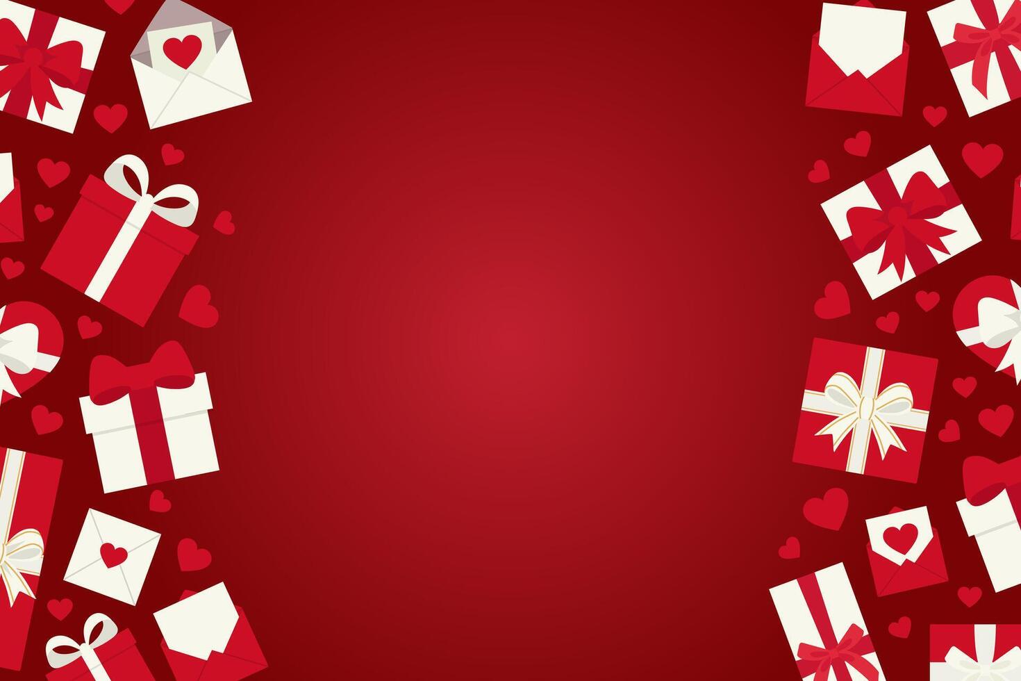 Bright banner with gift boxes, hearts, envelopes, bows on red background for Valentines Day celebration vector