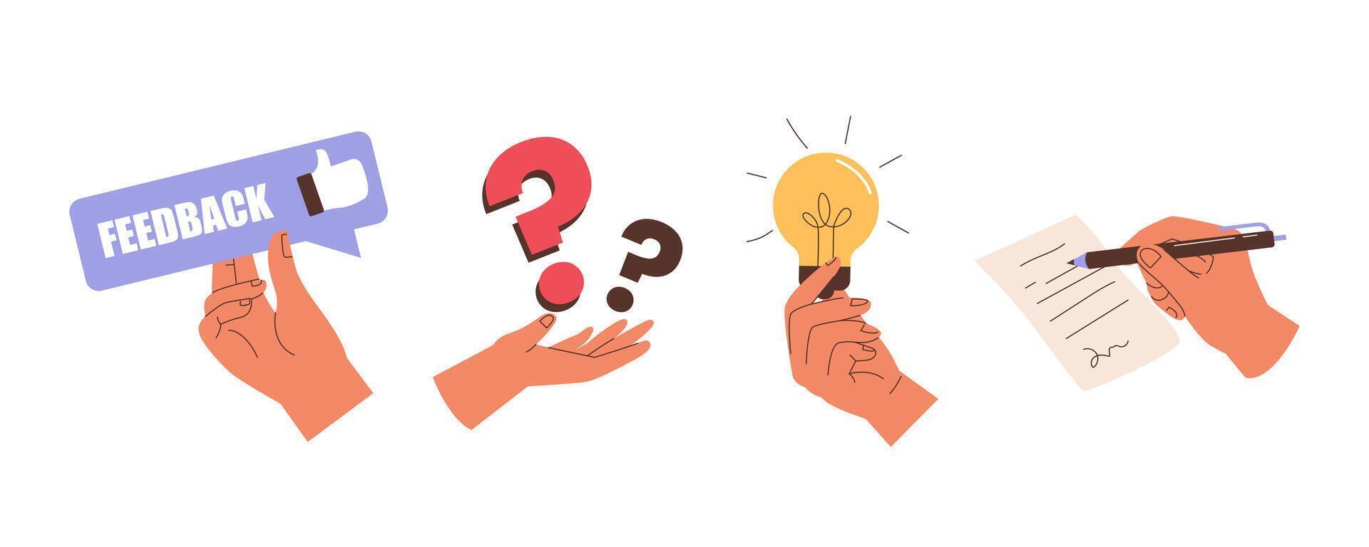Business concept hand hold something, feedback, question mark, light bulb, pen vector
