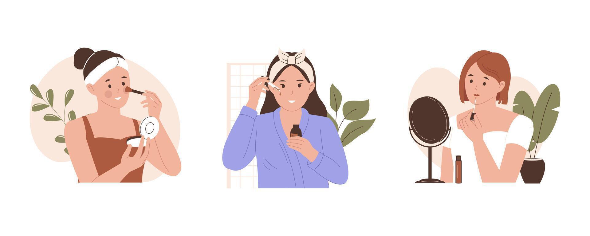 Woman do makeup, beauty routine set vector
