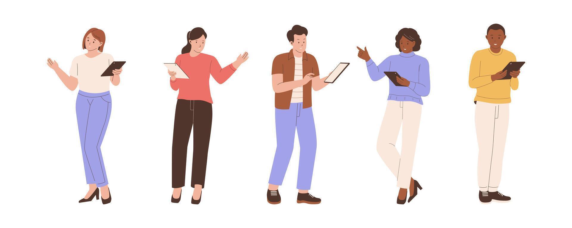 Set collection of person standing holding tablet vector