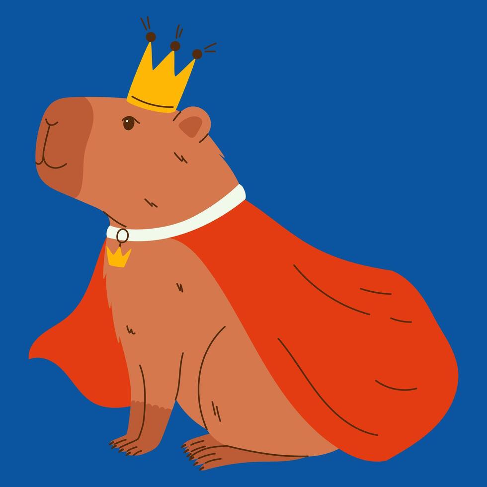 Cute capybara character. Funny rodent in king costume with robe and crown. Hand drawn illustration. vector