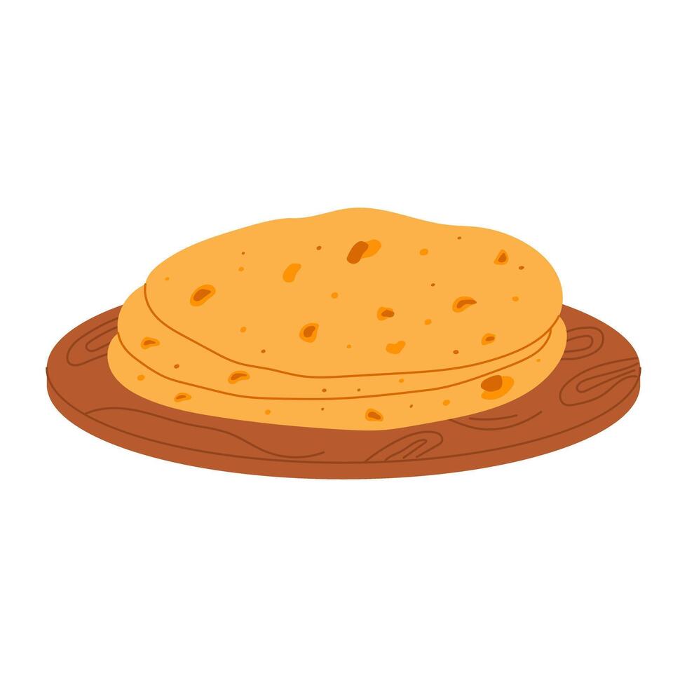 Flatbread on wooden board. Traditional Middle Eastern food. Hand drawn illustration vector