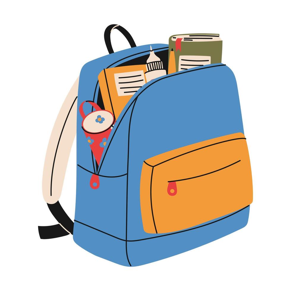 Kids school backpack with education supplies. Pencil case, books, marker, proofreader. Hand drawn illustration vector