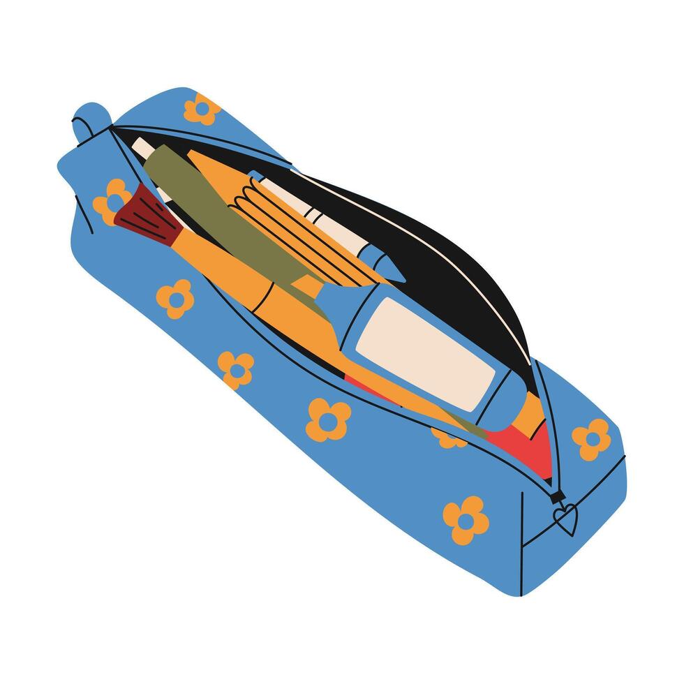 Pencil case with school supplies. Brush, marker, pen, pencil. Hand draw illustration vector