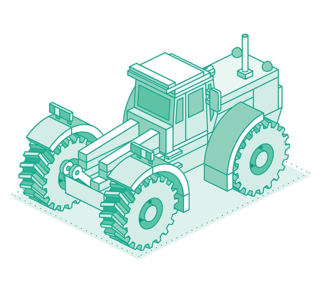 Isometric tractor isolated on white background. Rear view. Outline object. Large modern agricultural tractor. vector