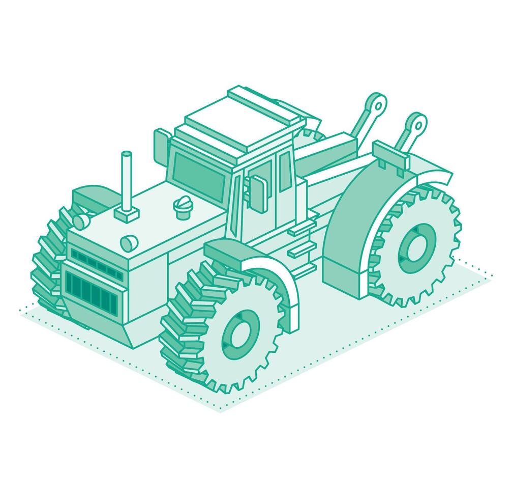 Isometric tractor isolated on white background. Outline object. Large modern agricultural tractor. vector
