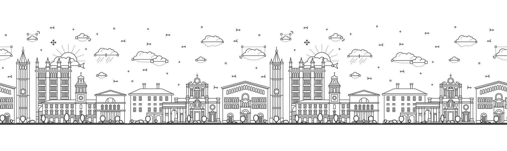 Seamless pattern with outline Parma Italy City Skyline with Historic Buildings Isolated on White. Parma Cityscape with Landmarks. vector