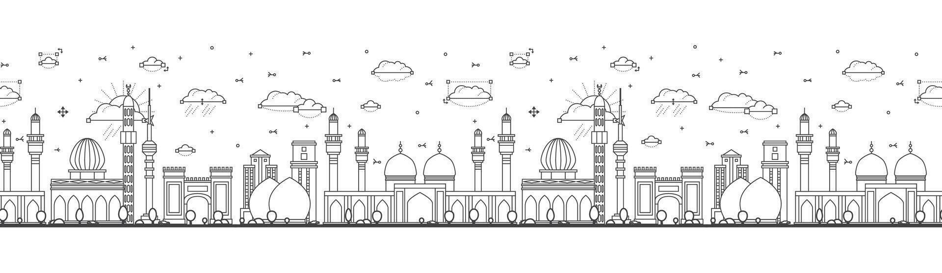 Seamless pattern with outline Baghdad Iraq City Skyline with Historic Buildings Isolated on White. Baghdad Cityscape with Landmarks. vector