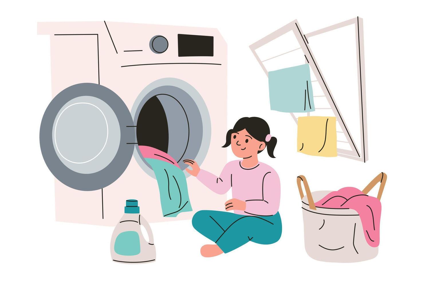illustration in flat cartoon style, little girl doing laundry, composition with washing machine, laundry basket, clothes drying rack, and detergent bottle, cute character, colored clipart vector