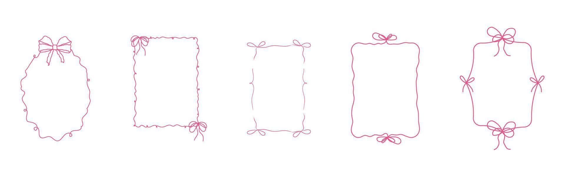 Romantic coquette ribbon frame, wedding ornate curly border collection. Hand drawn doodle sketch girly retro decorations. vector
