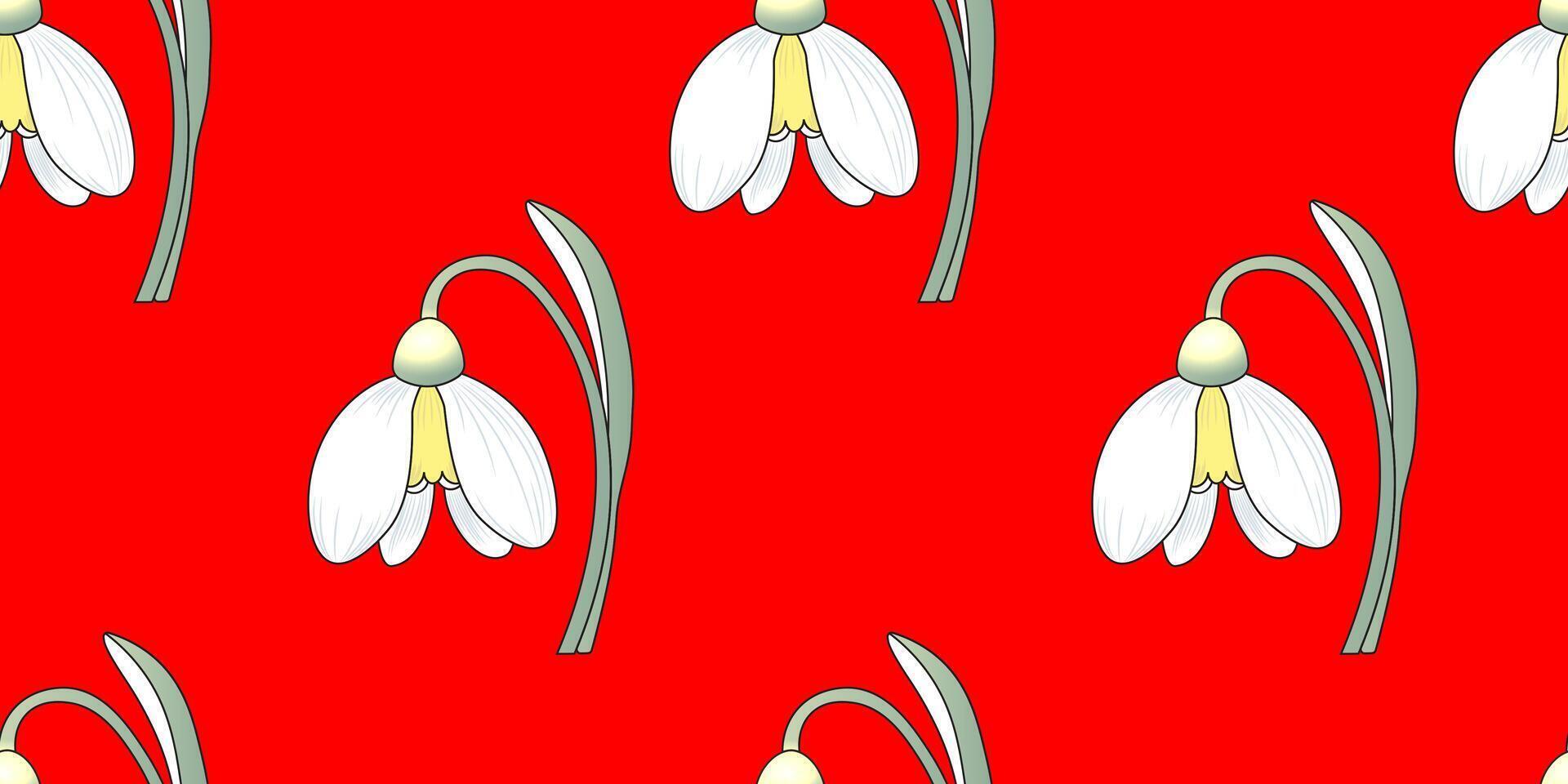 Snowdrop Flowers on a Red Background in a Seamless Pattern vector
