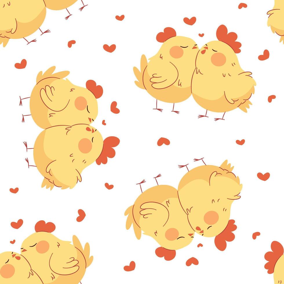 Seamless pattern on white background. Cute hen and rooster in love hugging, illustration for valentine's day, print for printing on children's products vector