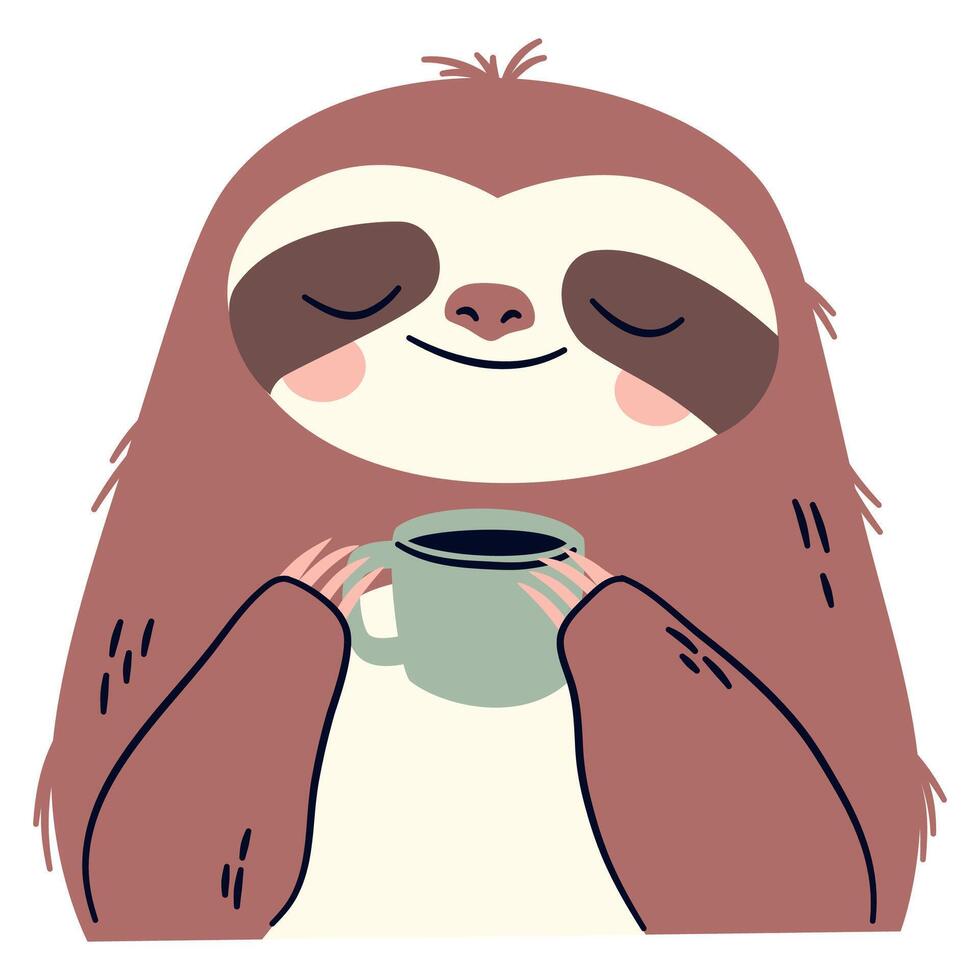 Flat illustration in a simple children's style. Cute sloth drinking coffee from a cup vector