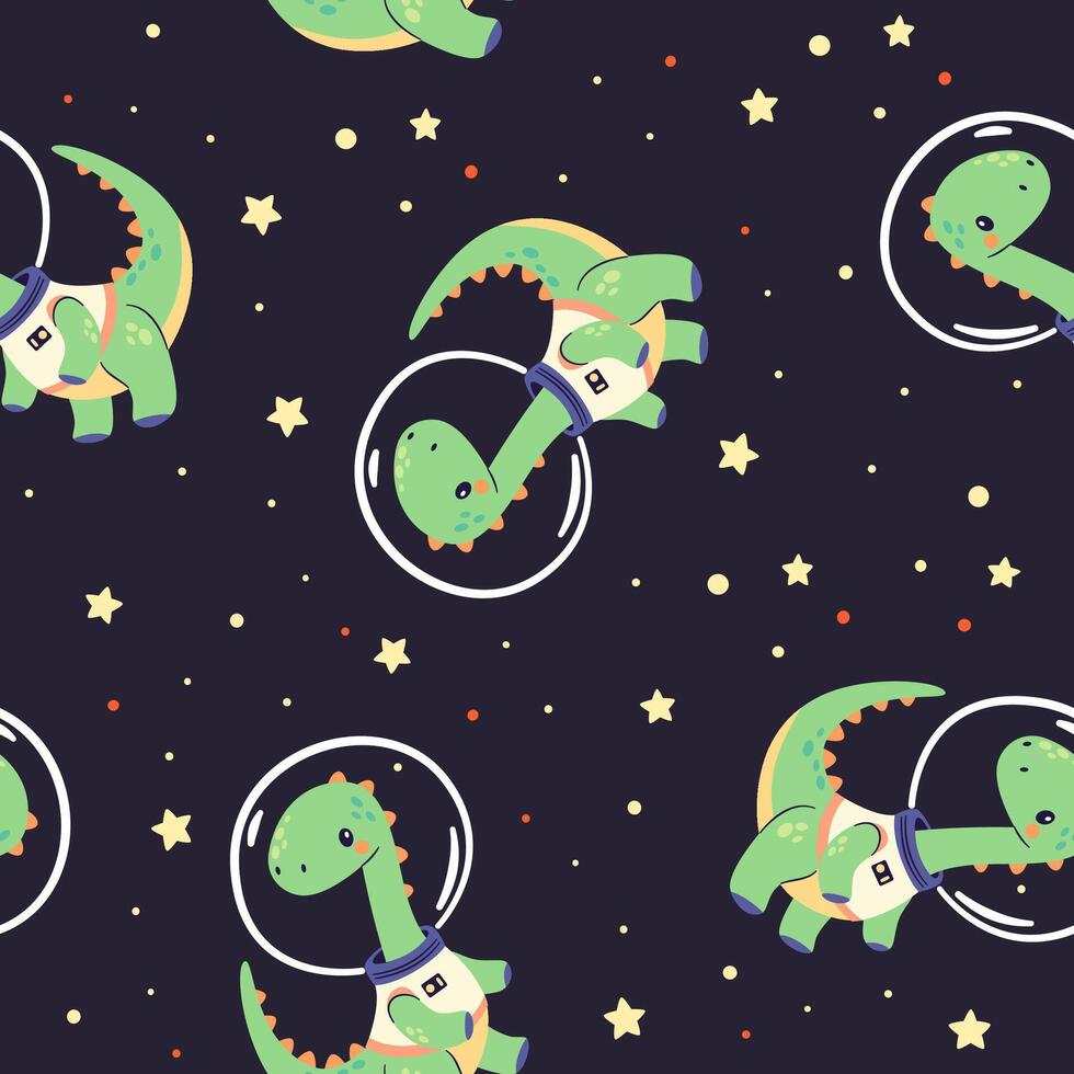 Seamless pattern on dark background. Cute dinosaurs flying in space, print for printing on children's products vector