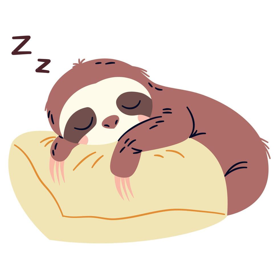Flat illustration in a simple children's style. Cute sloth sleeping on a pillow vector