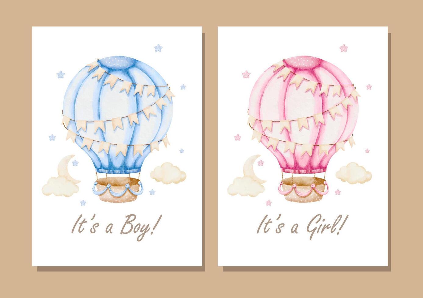 Watercolor of Blue and Pink Hot Air Balloons for Invitation Greeting Card vector