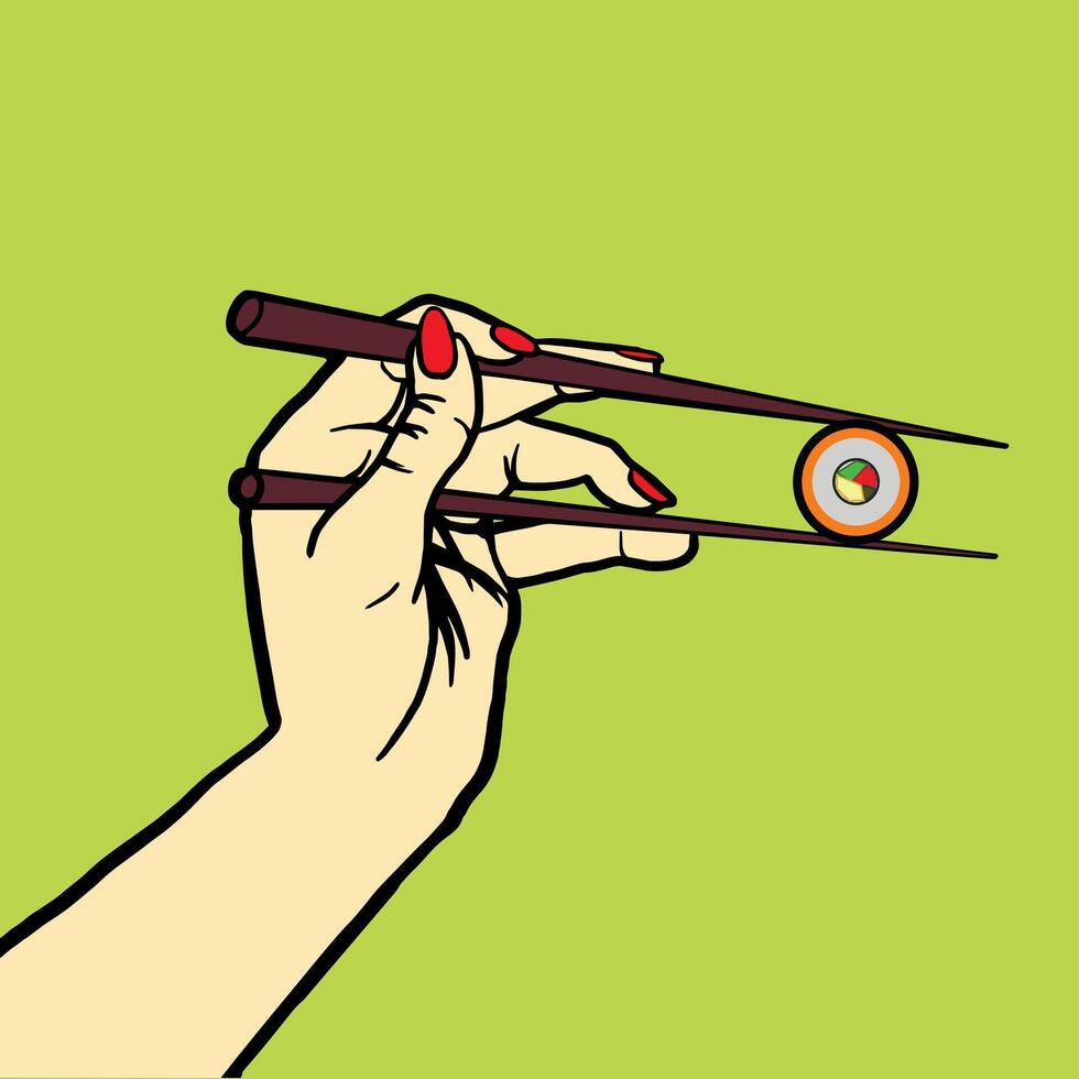 Hand with chopsticks and sushi pop art style illustration. Comic book style vector