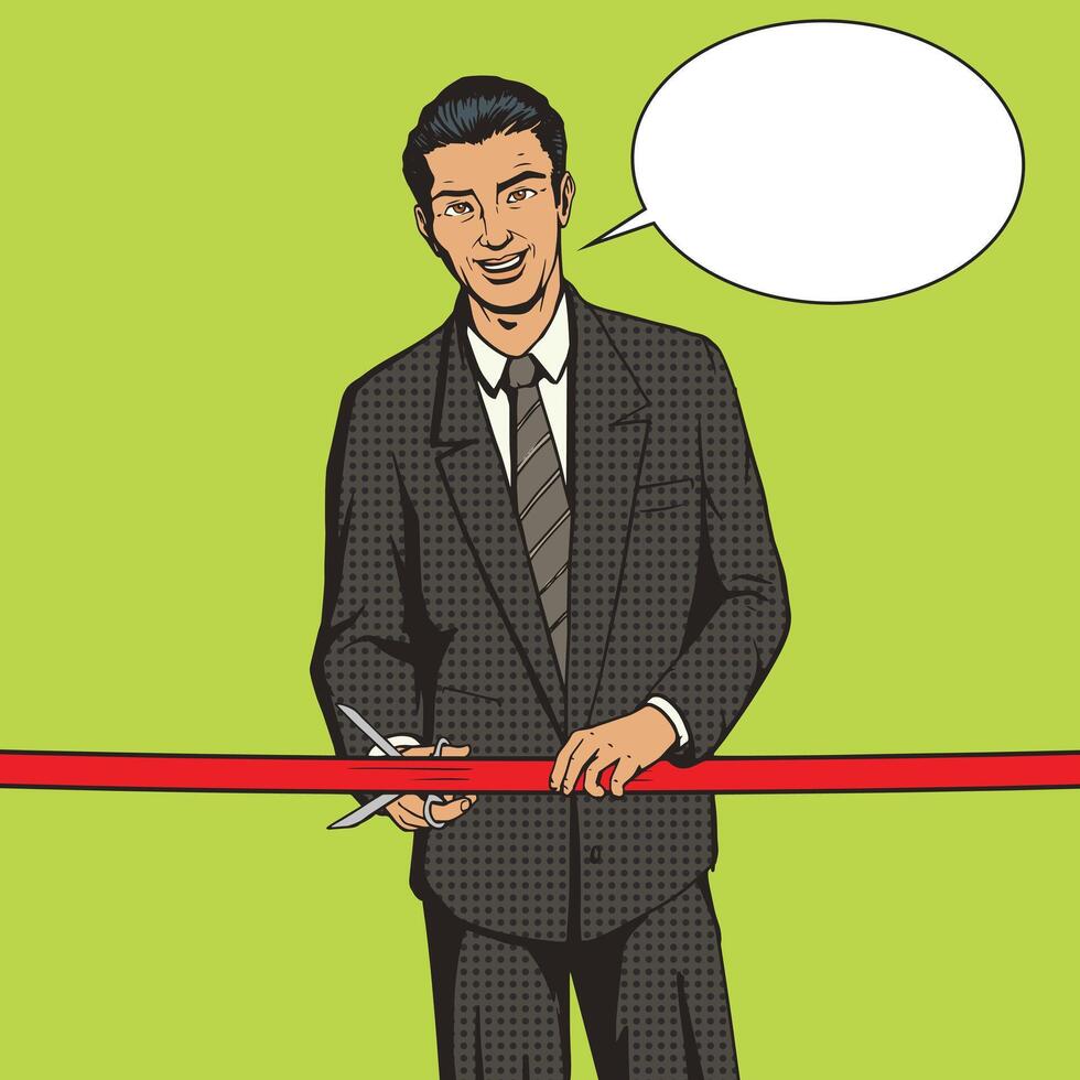 Man cuts red ribbon pop art style illustration. Comic book style imitation. Successful businessman with red ribbon vector