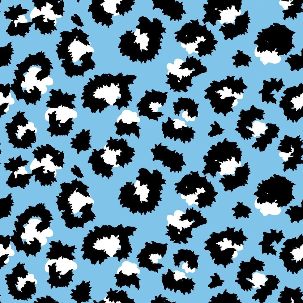 Stylish seamless pattern with black and white leopard-style spots on a soft blue background. print for fashion, textiles, wallpapers, and modern graphic design, offering a bold and trendy look vector